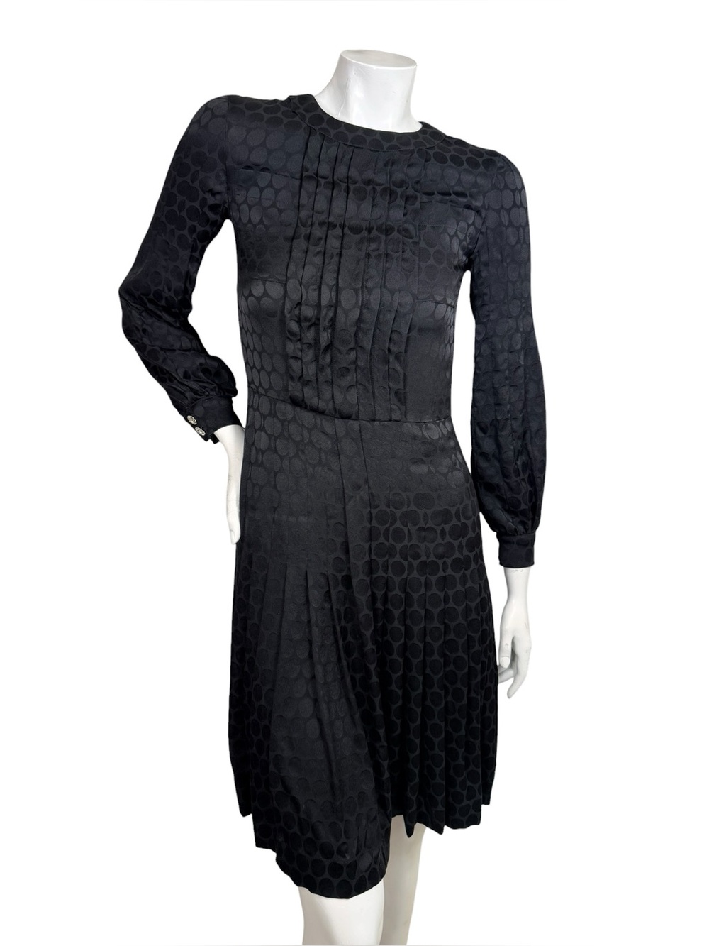 CHANEL 2017 Black Silk Jacquard Pleated Dress Lion Buttons FR 34